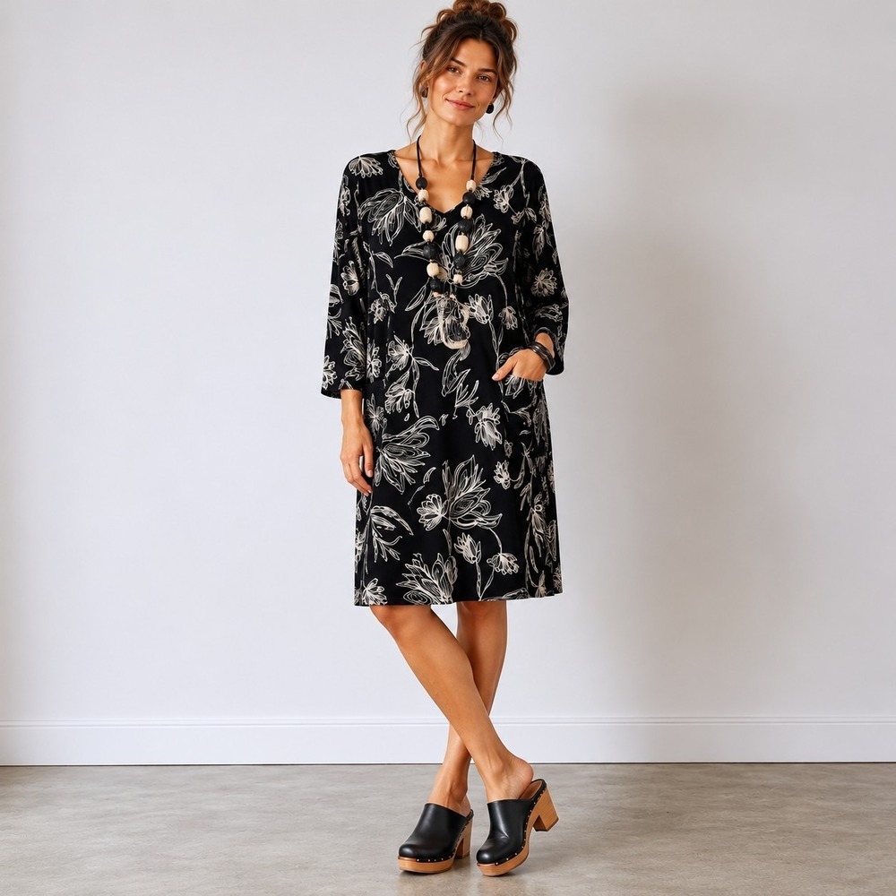 Masai‎ Copenhagen Floral Jersey Dress M Black White Scandi Lagenlook Minimalist